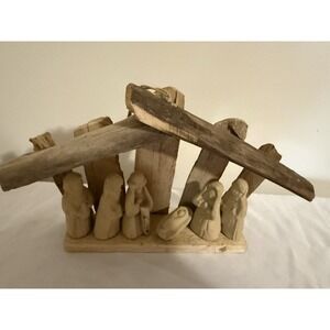 Nativity scene with six carved figures and wood stable‎ Made In Philippines